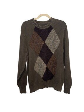 Dockers Mens Argyle Sweater Brown Beige Gray Diamond Pattern Size L Pullover